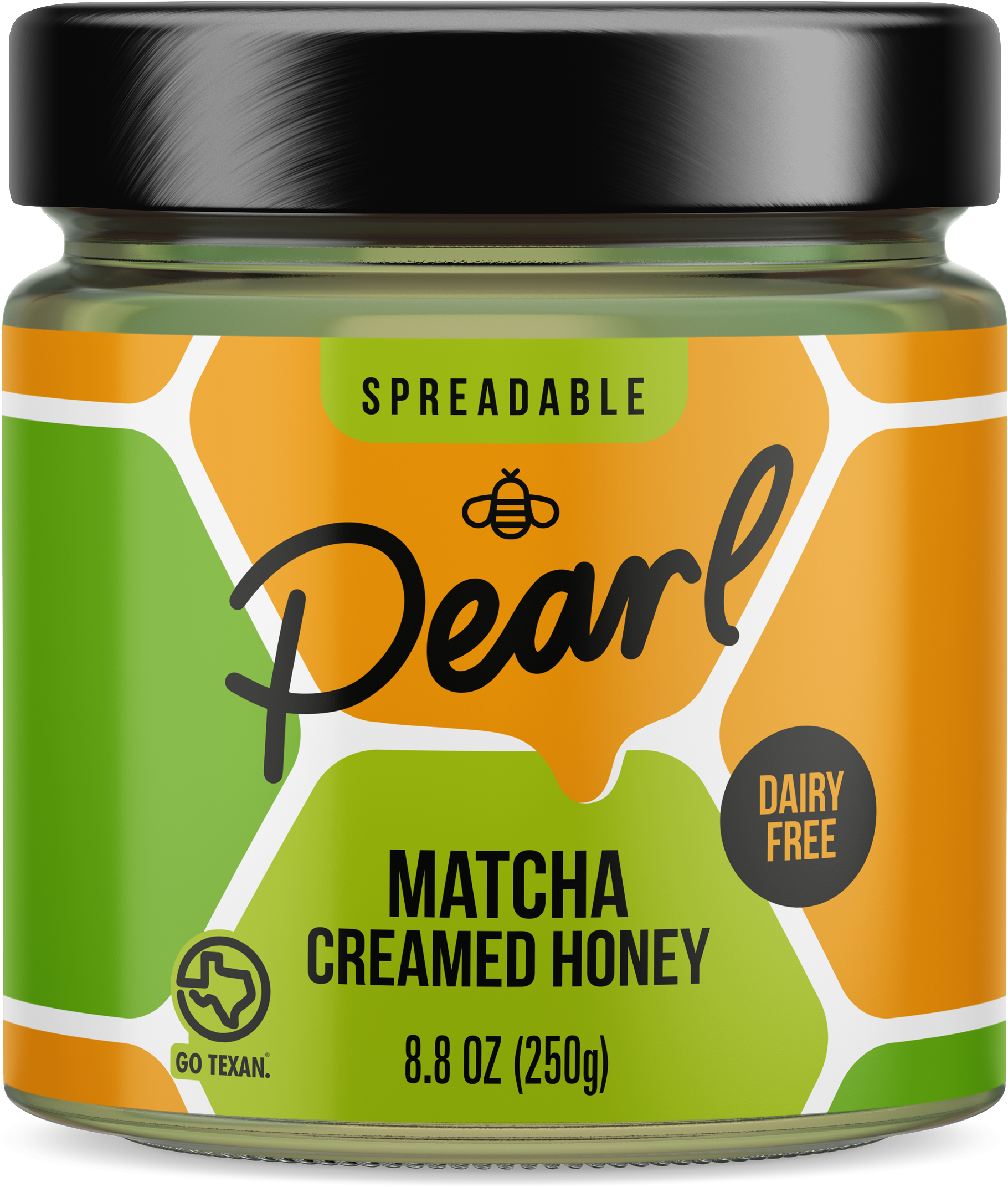 Jar of Pearl Honey Spreads Matcha Creamed Honey with vibrant green matcha flavor and smooth honey texture.