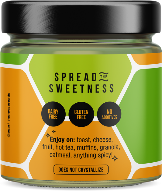 Creamed honey with matcha green tea from Pearl Honey Spreads, showing a jar of vibrant green matcha-infused honey.
