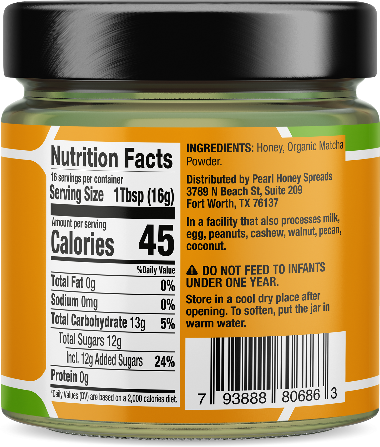 Creamed honey with matcha flavor from Pearl Honey Spreads, featuring a smooth, green matcha-infused honey spread in a jar.