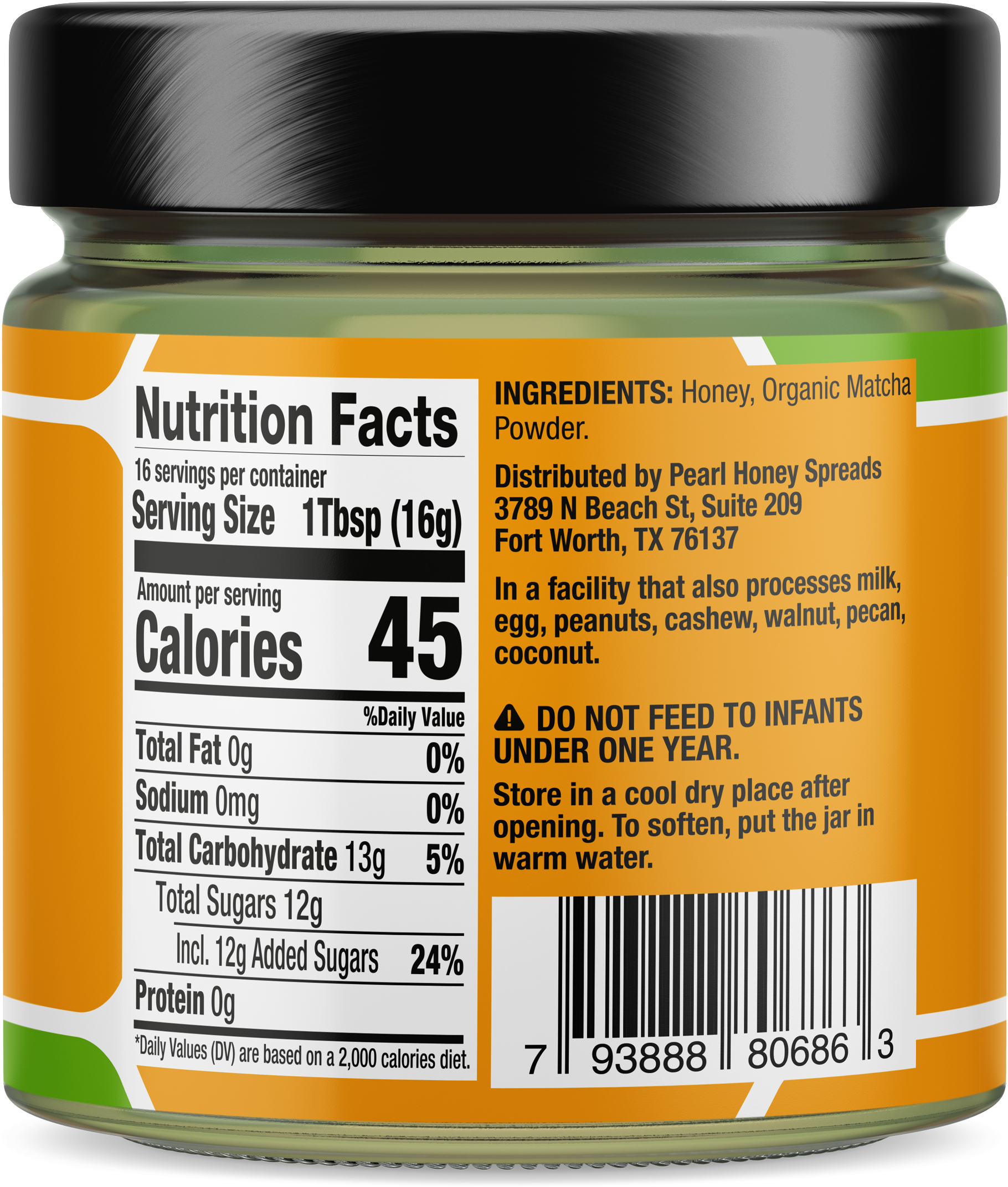 Creamed honey with matcha flavor from Pearl Honey Spreads, featuring a smooth, green matcha-infused honey spread in a jar.