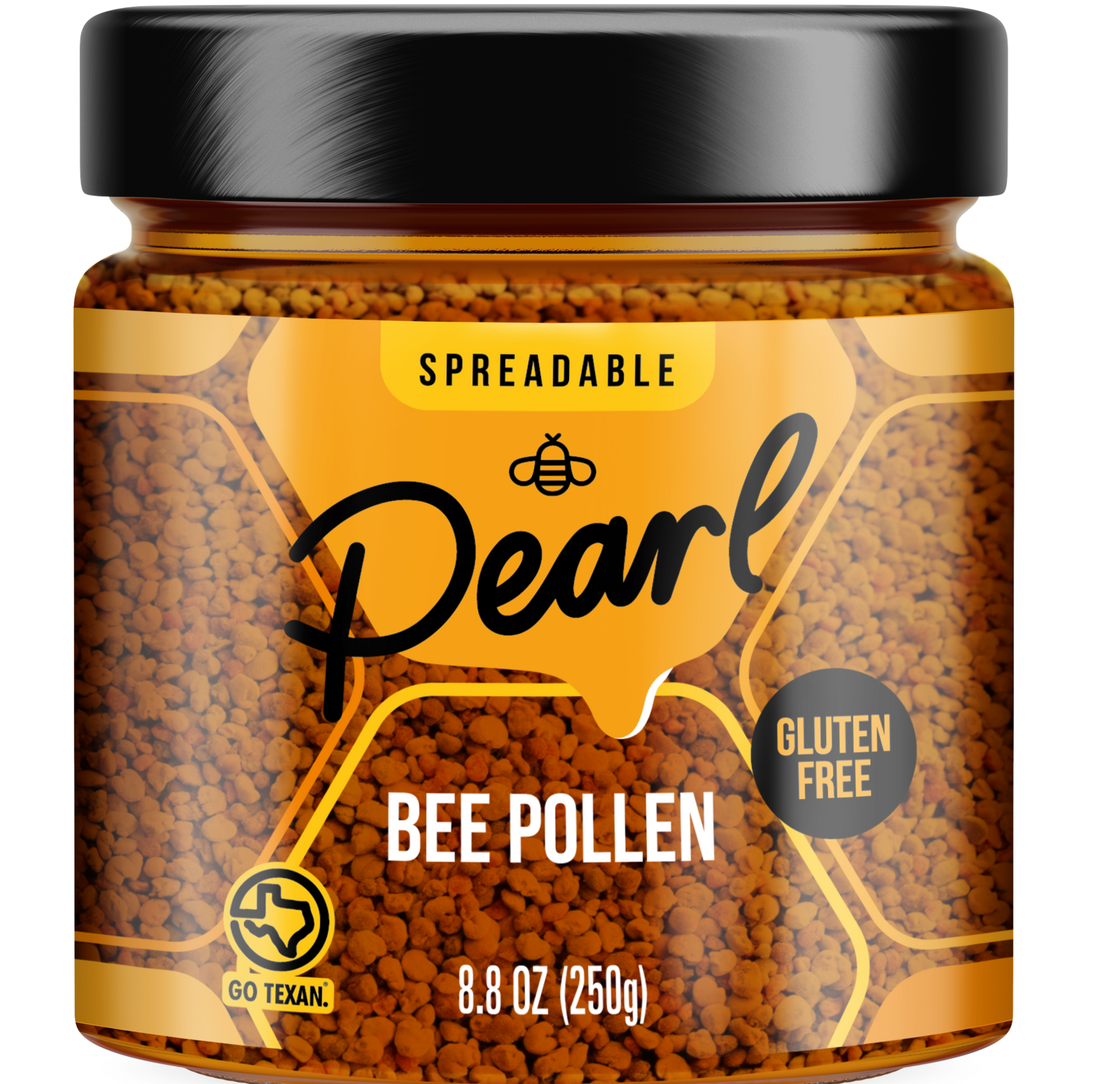 Jar of Pearl Honey Spreads honey with bee pollen, showing golden honey with bee pollen granules on the lid and label.