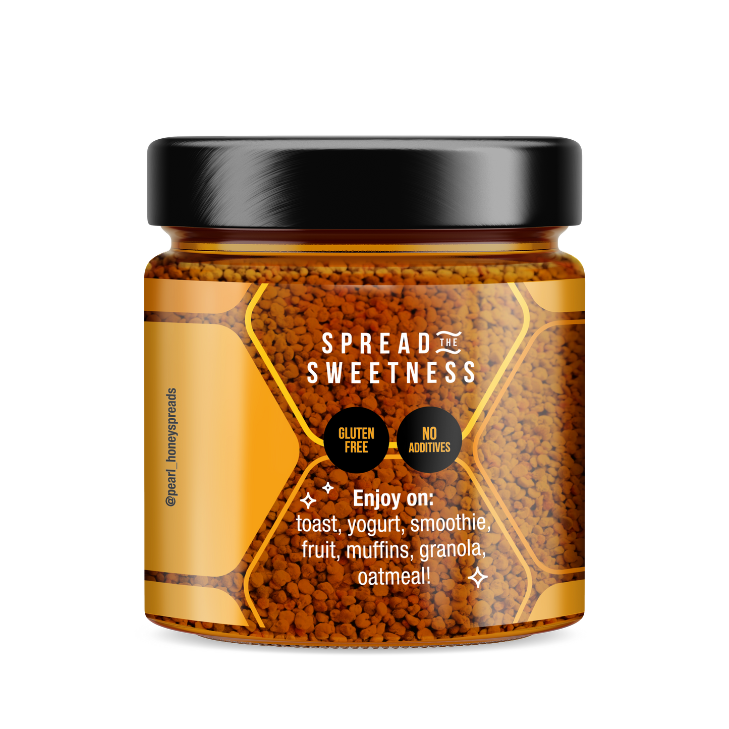 Jar of Pearl Honey Spreads bee pollen honey with golden honeycomb and fresh bee pollen on a white background.