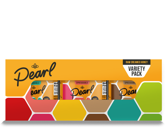 Pearl Honey Spreads Variety 3 Pack featuring different flavored jars on a spice rack shelf.