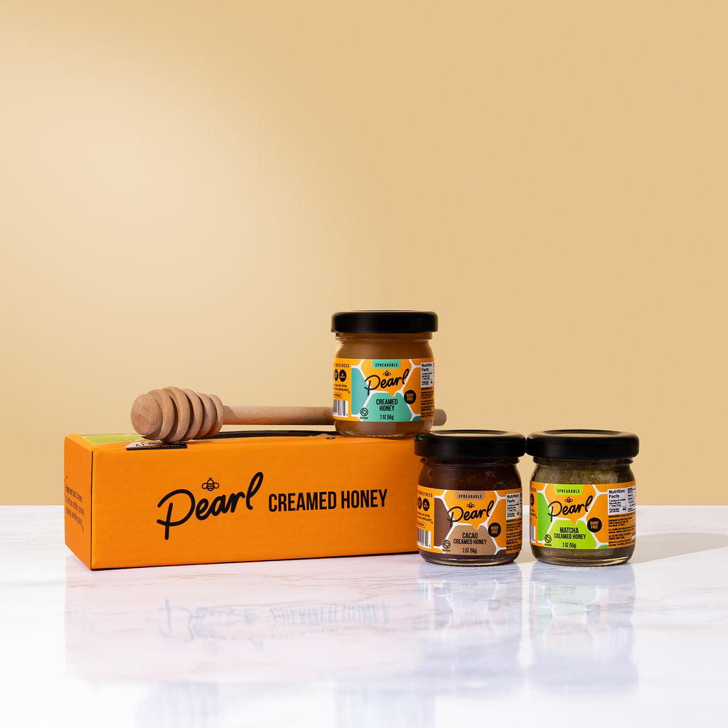 Set of three Pearl Honey Spreads jars from The Spice Rack variety pack, showcasing different flavored honey spreads.
