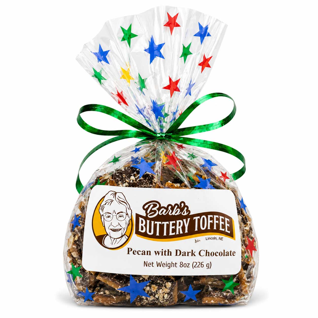 Homemade dark chocolate toffee with pecans from Barb's Buttery Toffee, 8 oz, featuring multiple nut options, displayed in the image.