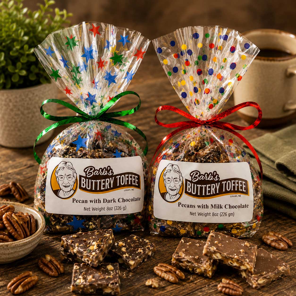 Homemade dark chocolate toffee with pecans, buttery texture, 8 oz, made by Barb's Buttery Toffee, featuring nut options
