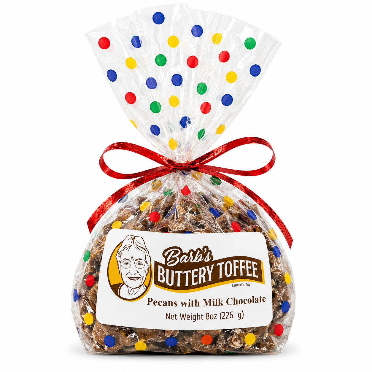 Homemade milk chocolate toffee with pecans from Barb's Buttery Toffee, 8 oz, featuring multiple nut options, delicious and nutty.