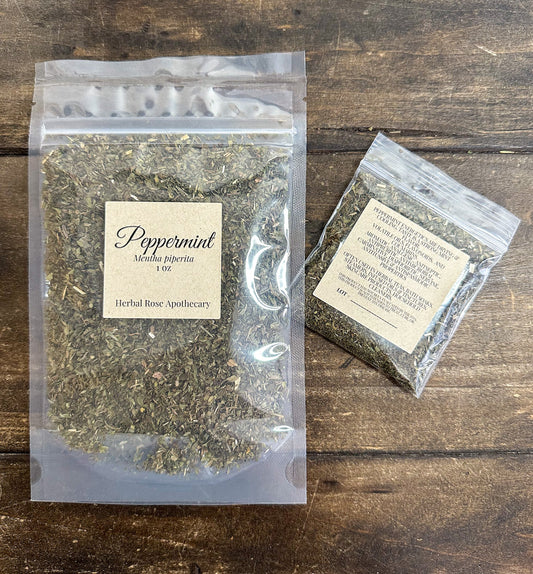 Dried peppermint herbs from HerbalRoseApothecary, showing fresh green leaves and dried peppermint sprigs for herbal tea and remedies.