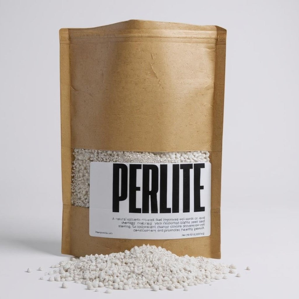 White perlite soil amendment by Hasty Roots, showing small porous volcanic rock used for improving soil aeration and drainage.