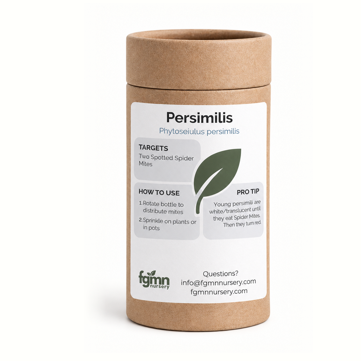 Fruits and vegetables with Phytoseiulus persimilis treatment bottles, natural pest control for two-spotted spider mites at FGMN Nursery