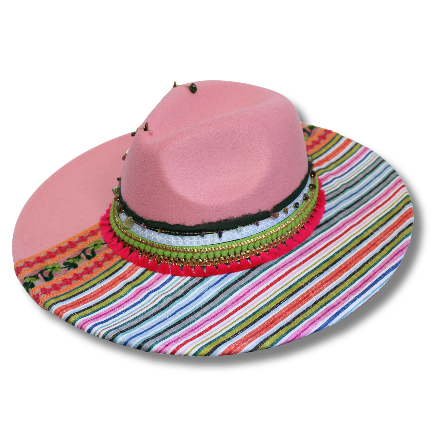 One-of-a-Kind Hand-Decorated Felt Fedora – Bright Stripes & Beaded Chain Details