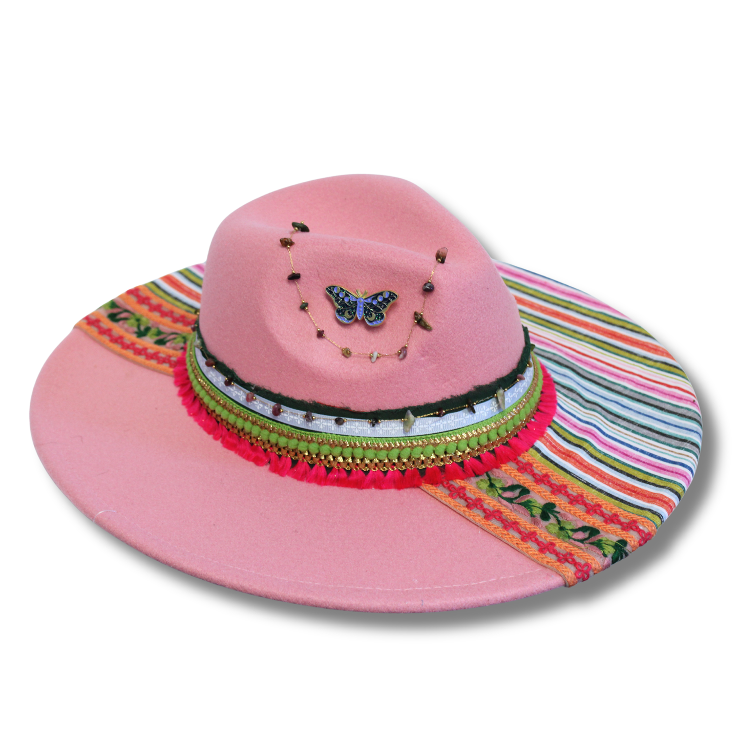 One-of-a-Kind Hand-Decorated Felt Fedora – Bright Stripes & Beaded Chain Details
