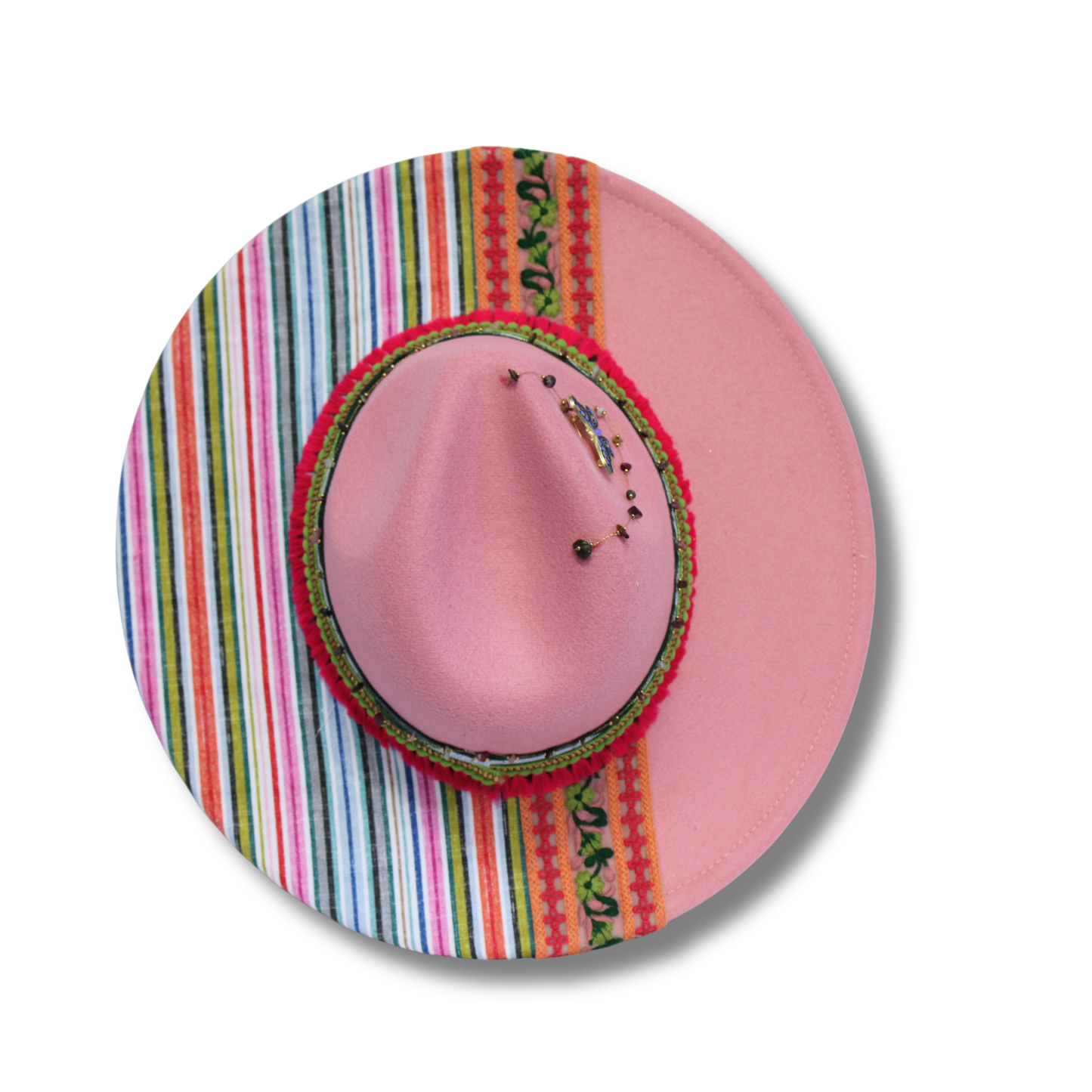 One-of-a-Kind Hand-Decorated Felt Fedora – Bright Stripes & Beaded Chain Details