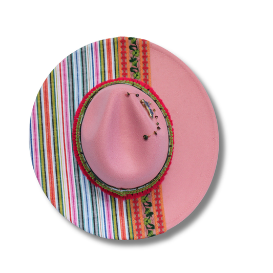One-of-a-Kind Hand-Decorated Felt Fedora – Bright Stripes & Beaded Chain Details