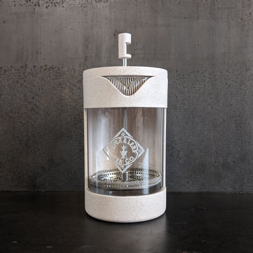 Piper Press brewing device by Piper and Leaf Tea Co. for steeping loose leaf tea in a sleek, modern tea press.