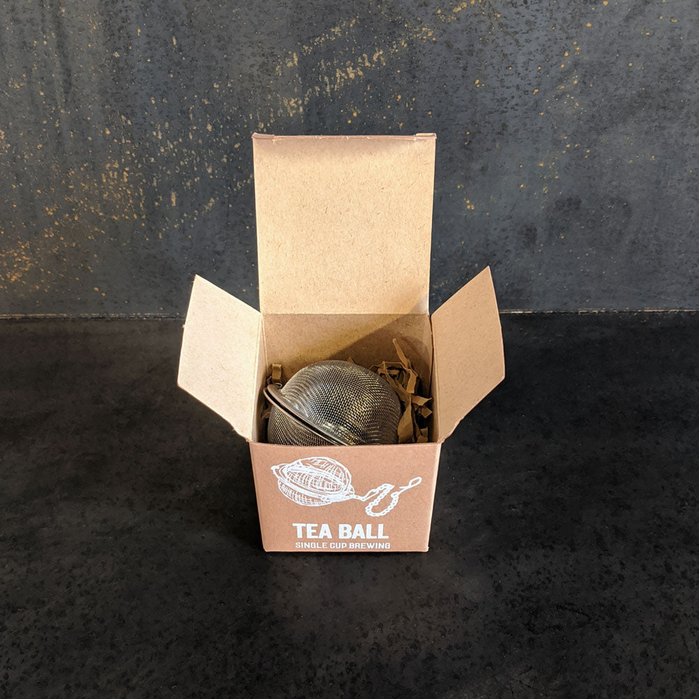 Piper Tea Ball brewing device by Piper and Leaf Tea Co., stainless steel tea infuser with mesh for loose leaf tea.