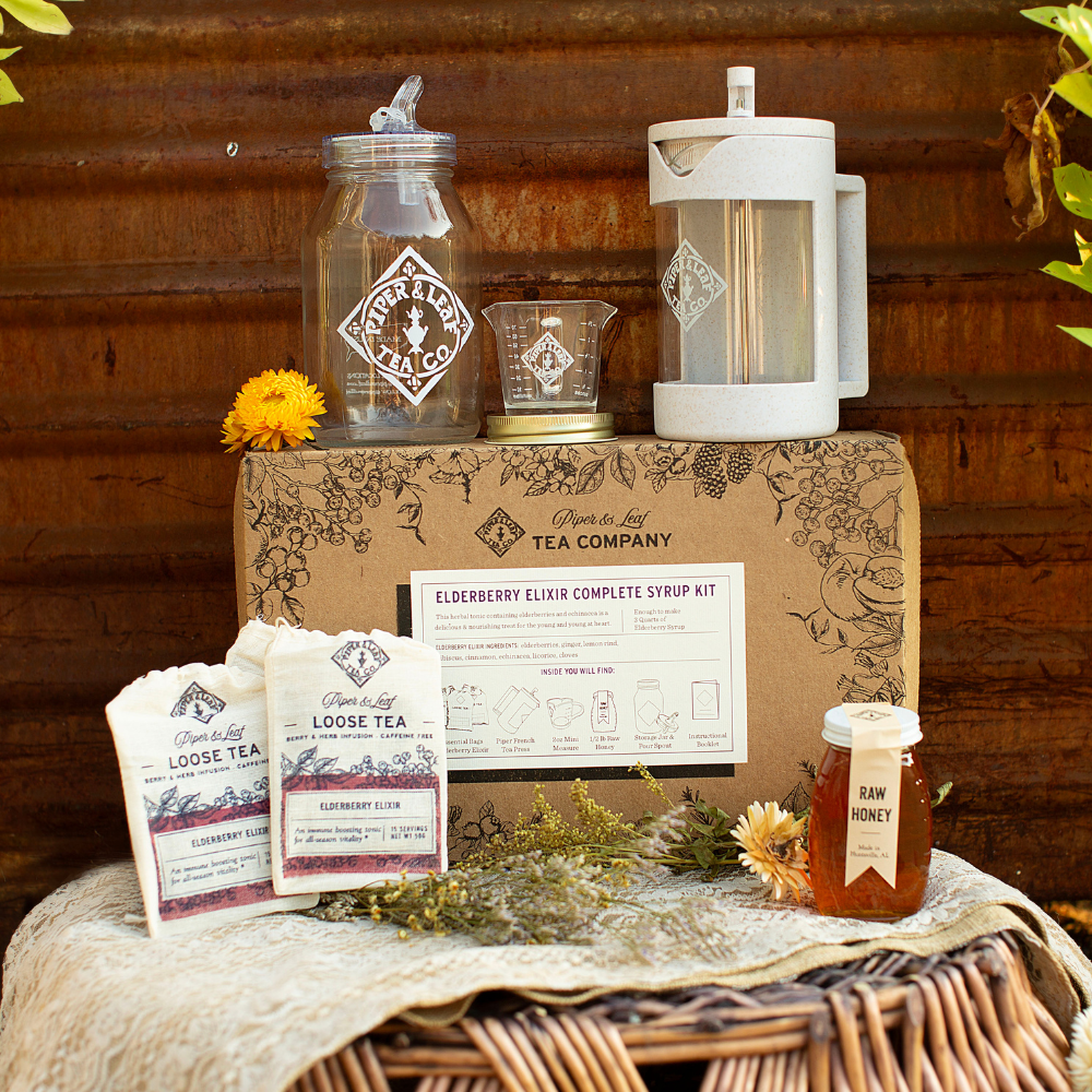 Elderberry Elixir Complete Syrup Kit by Piper and Leaf Tea Co., natural gift set with ingredients for making elderberry syrup.