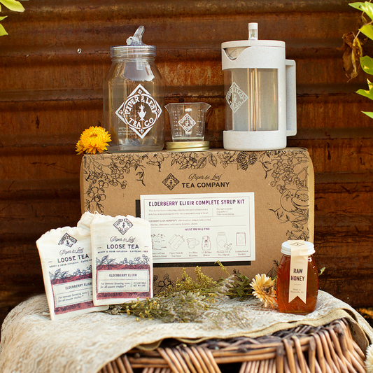 Elderberry Elixir Complete Syrup Kit by Piper and Leaf Tea Co., natural gift set with ingredients for making elderberry syrup.