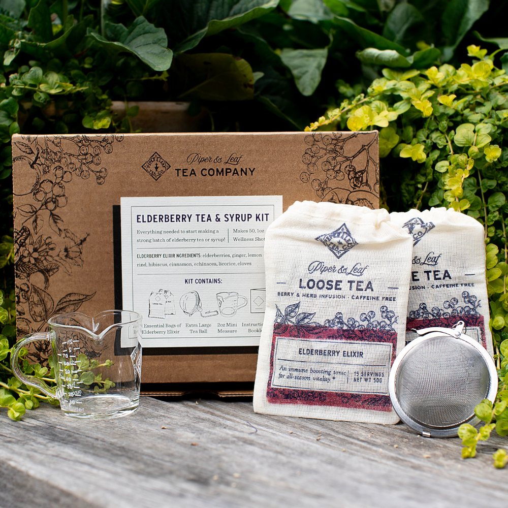 Elderberry Syrup Starter Brewing Kit by Piper and Leaf Tea Co., includes ingredients and tools for making elderberry syrup at home.