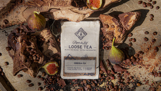 Piper and Leaf Tea Co. Chocola-Tea loose leaf tea in muslin bag, showing the tea leaves and packaging for 15 servings.