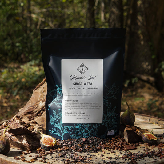 Piper and Leaf Tea Co. Chocola-Tea loose tea pound bag with 190 servings, showcasing the tea in a resealable bag.