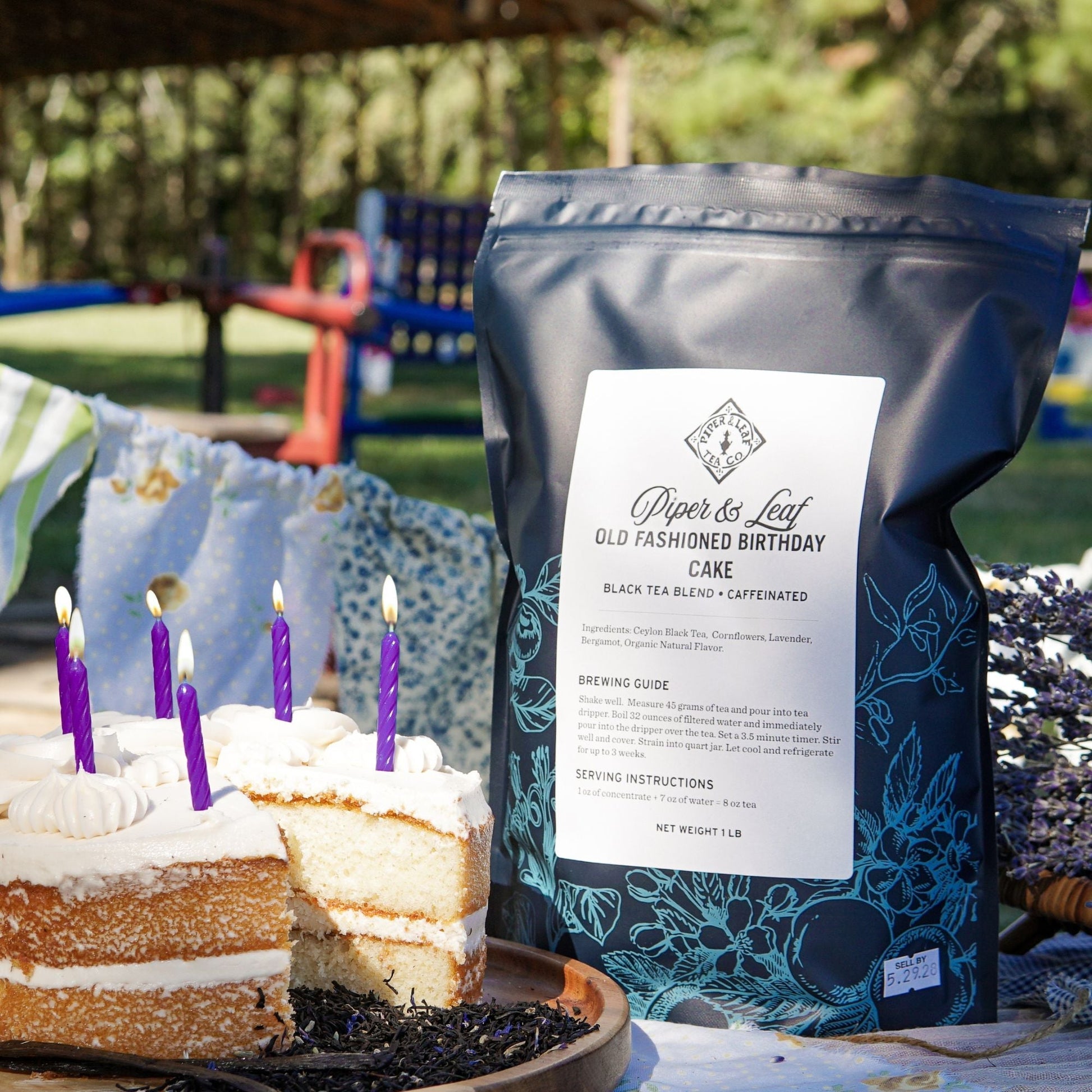 Old Fashioned Birthday Cake loose tea bag by Piper and Leaf Tea Co., featuring colorful packaging and a vintage-inspired design.