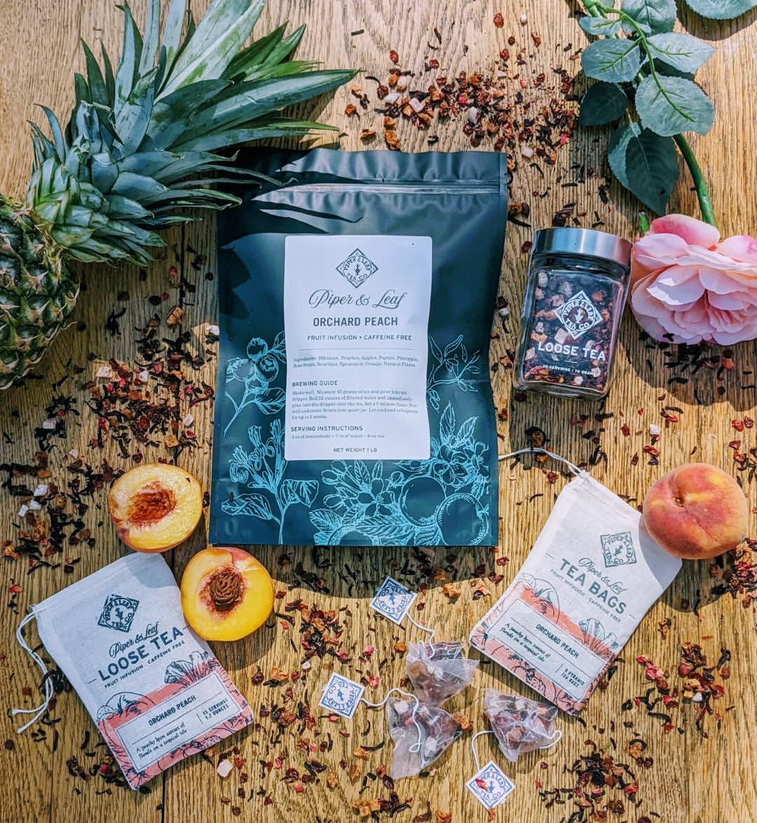Piper and Leaf Tea Co. Orchard Peach loose tea in a pound bag, featuring fresh peach flavor and 190 servings.