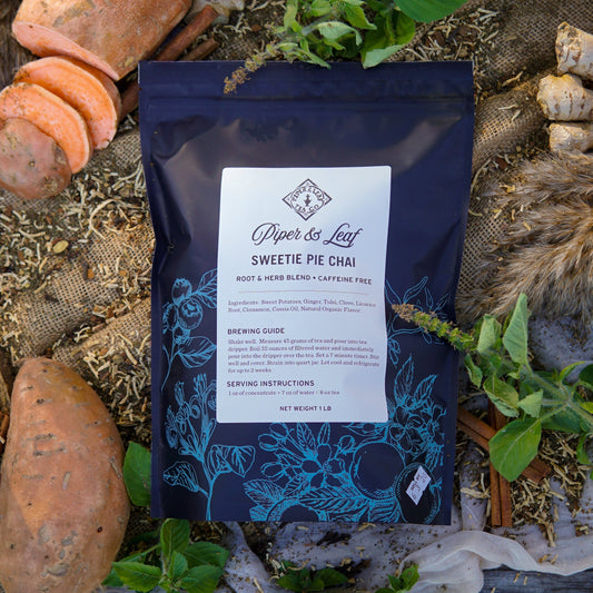 Sweetie Pie Chai loose tea from Piper and Leaf Tea Co. in a pound bag, showcasing the colorful tea leaves and packaging.