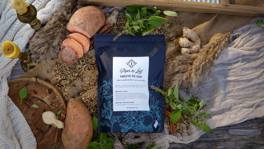 Piper and Leaf Sweetie Pie Chai loose tea in a pound bag, showcasing the aromatic chai blend with warm spices and tea leaves.