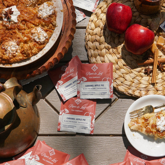 Piper and Leaf Caramel Apple Pie tea bags, 50-count, individually wrapped, showcasing the tea box with caramel apple pie flavor.