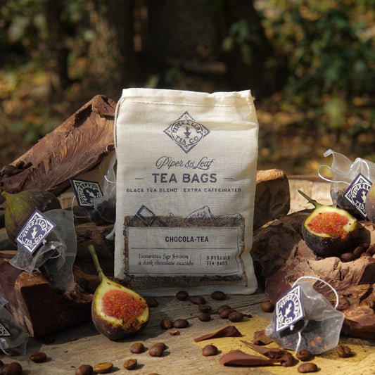 Piper and Leaf Tea Co. Chocola-Tea 9-pack of tea bags in muslin sachets with rich chocolate flavor.