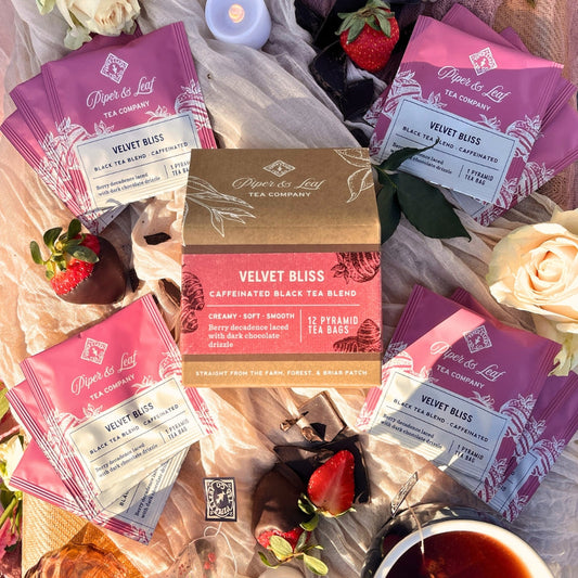 Velvet Bliss Tea Bags by Piper and Leaf Tea Co., box of 12 herbal tea bags with velvet packaging and natural tea blends.