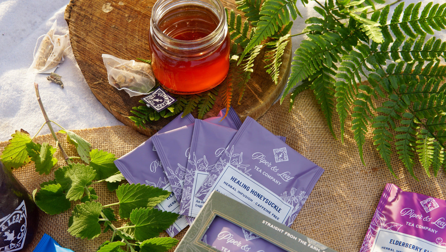 Box of 16 wellness tea bags from Piper and Leaf Tea Co., featuring assorted herbal and herbal-infused tea blends.