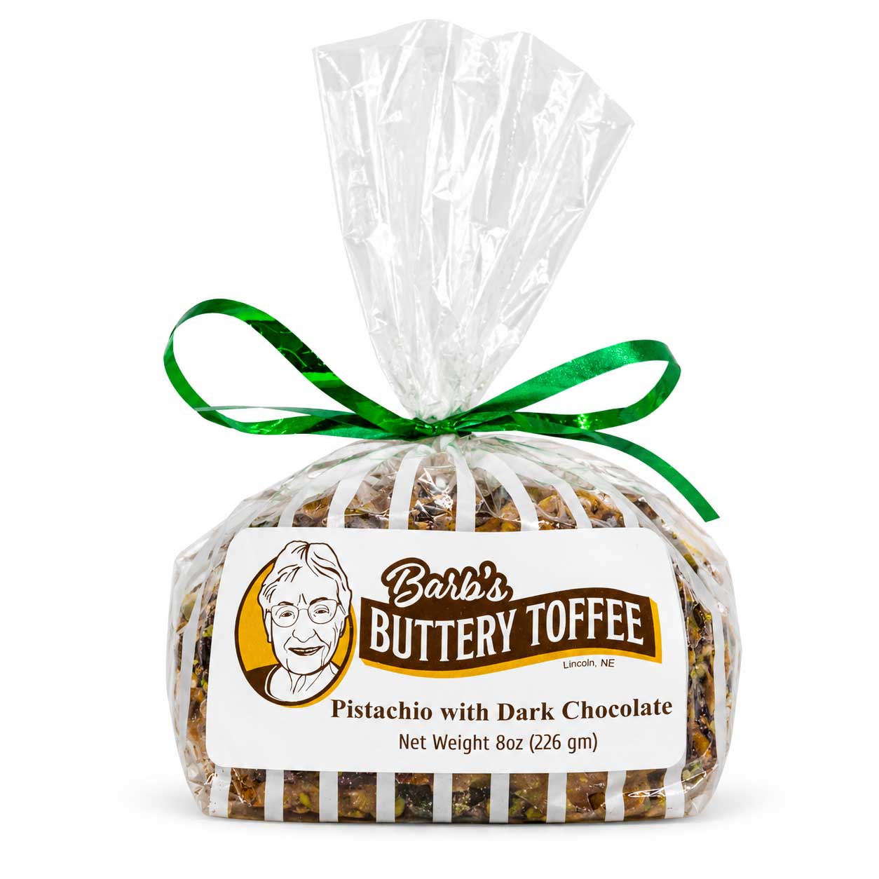 Homemade dark chocolate toffee with pistachios from Barb's Buttery Toffee, 8 oz, featuring crunchy toffee coated in dark chocolate.