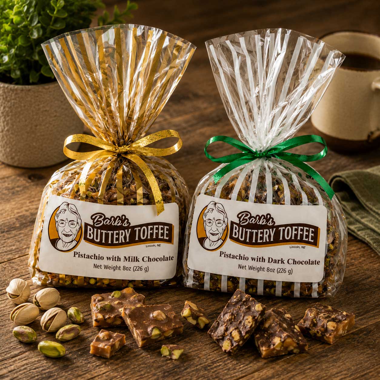 Homemade milk chocolate toffee with pistachios in an 8 oz package from Barb's Buttery Toffee.