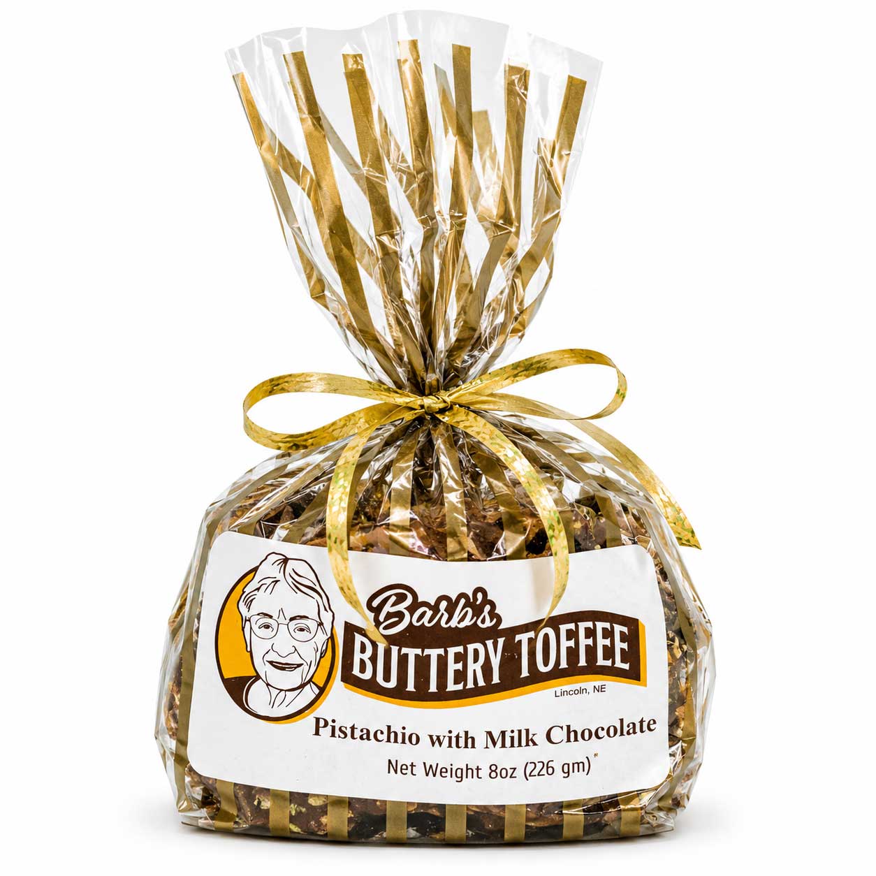 Homemade milk chocolate toffee with pistachios, buttery texture, 8 oz, handmade nut toffee from Barb's Buttery Toffee.