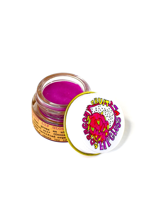 Plant Makeup Dragon Fruit Lip Gloss tube with vibrant pink packaging and glossy finish, showcasing the lip gloss product.