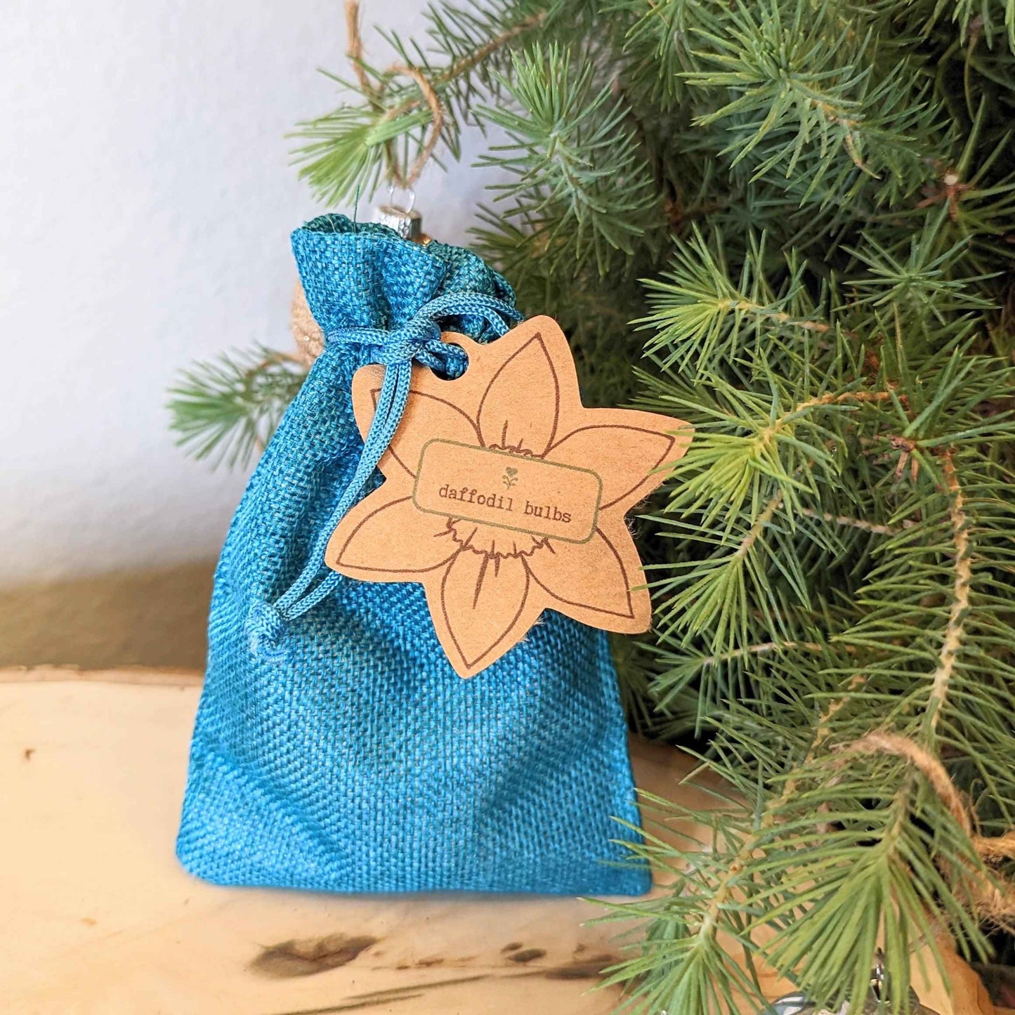 A blue drawstring bag from Plantflix labeled "Mini Daffodil Bulbs" sits beside green pine branches on wood—ideal for bringing cheerful spring blooms to a low-maintenance garden.