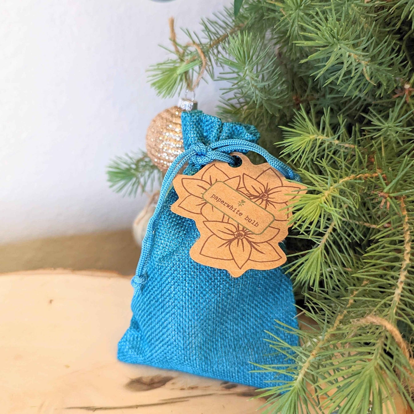 A small blue drawstring bag with a brown tag labeled Paperwhite Bulb by Plantflix hangs on a pine branch, bringing a hint of indoor winter blooms to the scene beside the wooden surface.