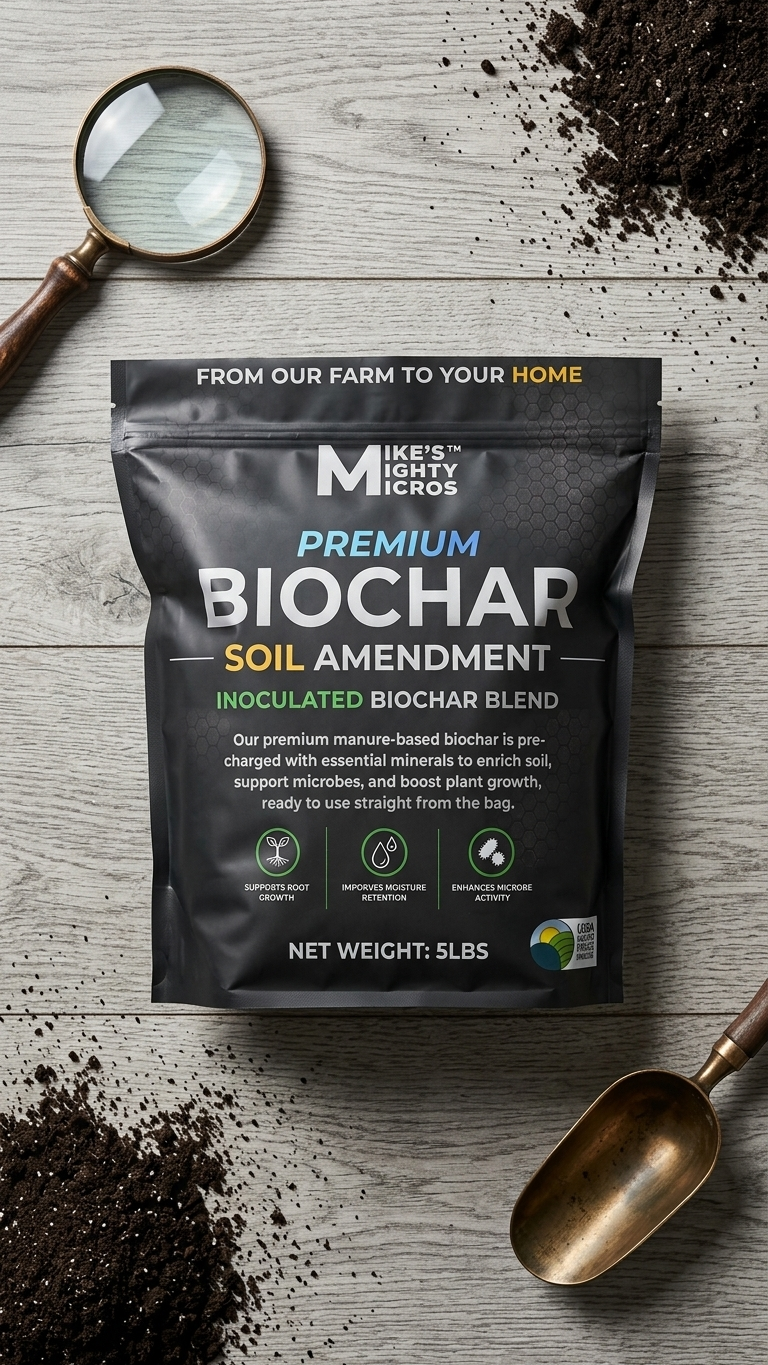 Image of Mike's Mighty Micros Biochar, a nutrient-rich soil amendment from Mikes Mighty Micros, showing the product in a natural setting.