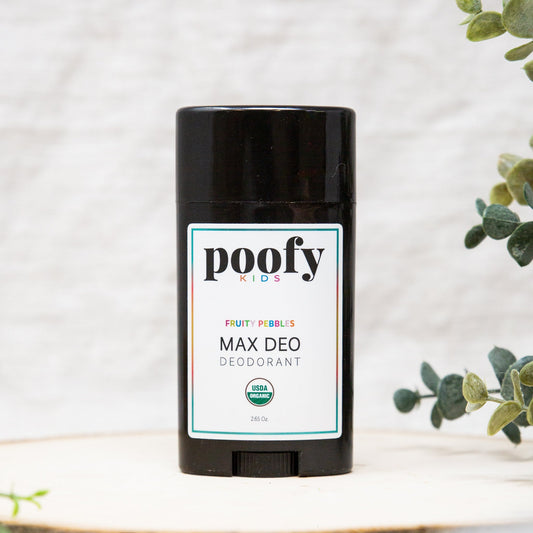 Poofy Organics MAX DEO Fruity Pebbles Kids Organic Body Deodorant with colorful packaging and child-friendly design.
