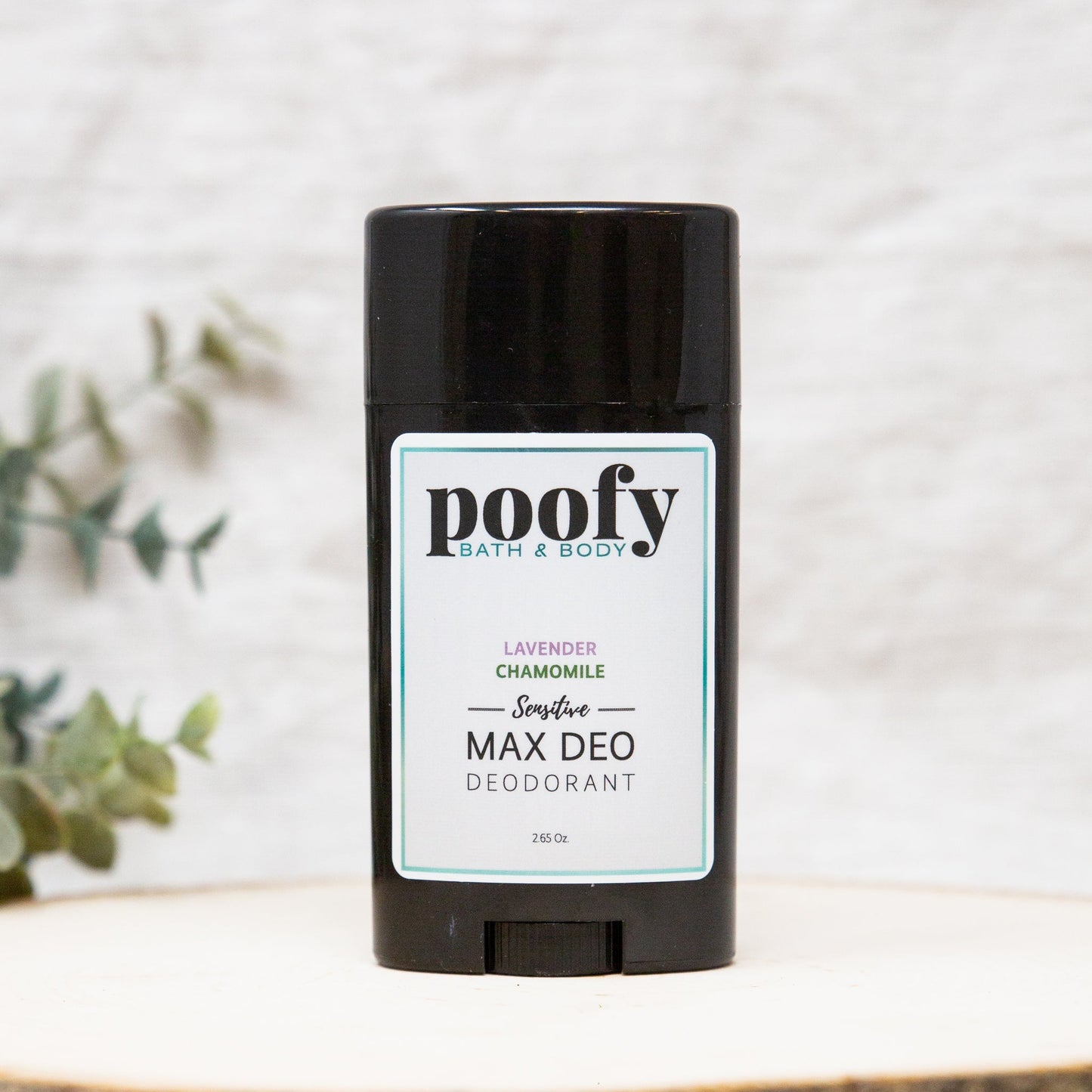Poofy Organics MAX DEO Sensitive Lavender Chamomile deodorant stick for body, featuring soothing lavender and chamomile ingredients.