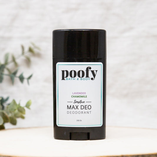 Poofy Organics MAX DEO Sensitive Lavender Chamomile deodorant stick for body, featuring soothing lavender and chamomile ingredients.