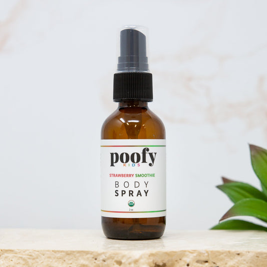 Poofy Organics Strawberry Smoothie Body Spray with organic ingredients, featuring a fresh, fruity scent and lightweight mist.