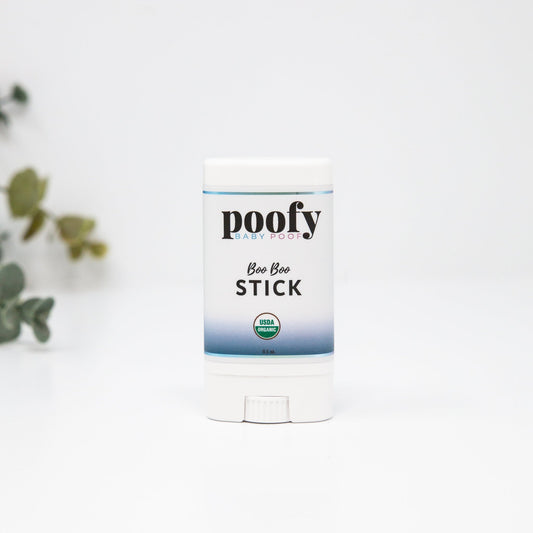 Poofy Organics Boo Boo Stick Organic for Kids, natural remedy in a small tube, designed to soothe minor skin irritations.