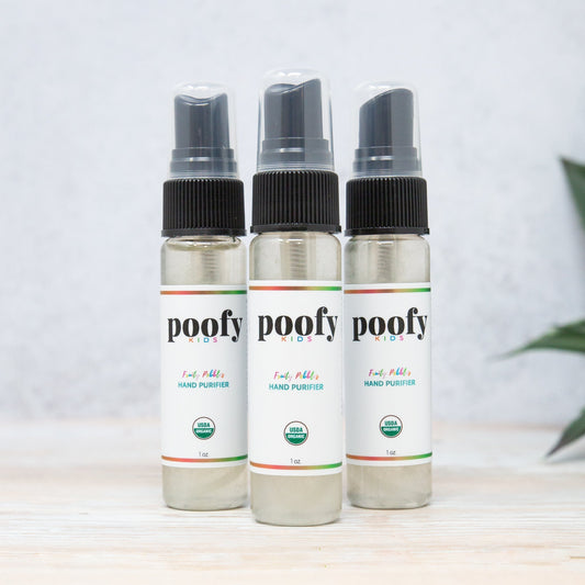 Poofy Organics kids' outdoor hand sanitizer 3-pack with fruity pebble scent, portable travel size for children.
