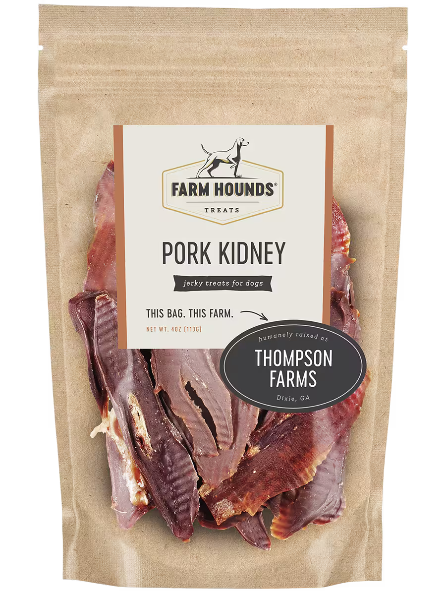 Farm Hounds pork kidney, fresh organ meat, shown from the front with visible texture and reddish-brown color.