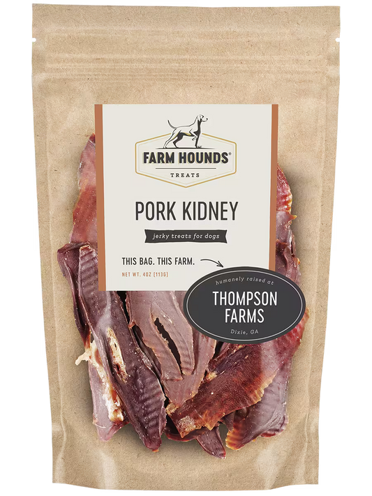 Farm Hounds pork kidney, fresh organ meat, shown from the front with visible texture and reddish-brown color.