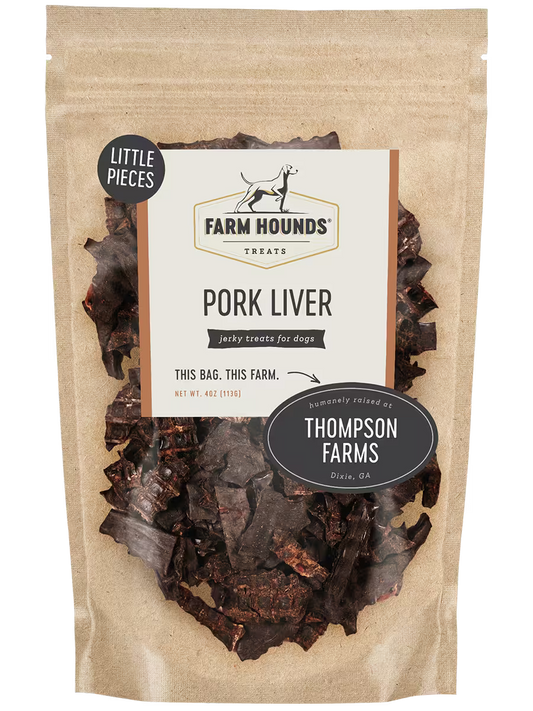 Slices of pork liver, a nutritious organ meat from Farm Hounds, shown in small pieces on a white background.