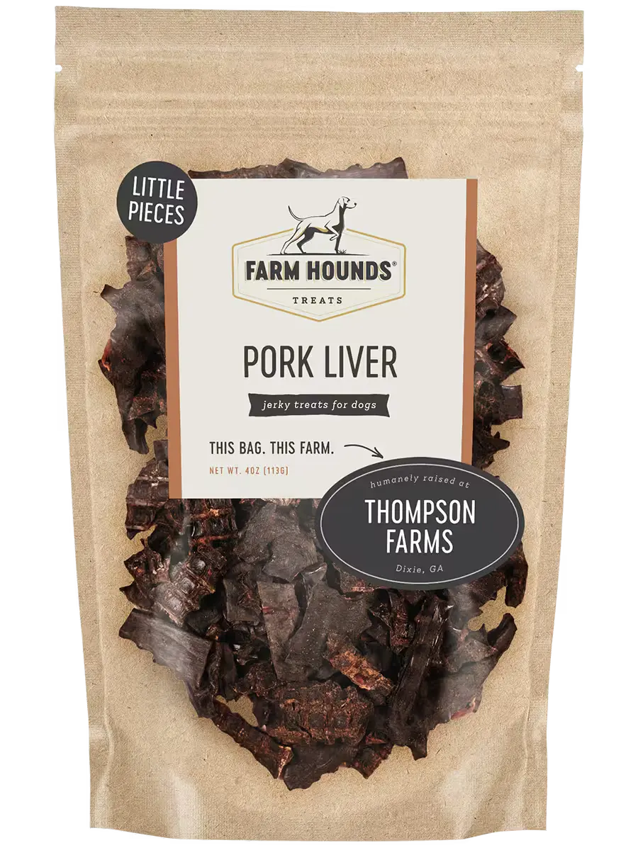 Farm Hounds pork liver organs in small pieces, showing fresh, pink pork liver slices on a white background.